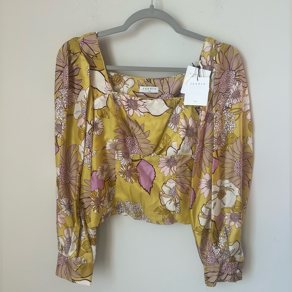 Sandro Paris Silk Floral Long Sleeve Yellow Blouse Top